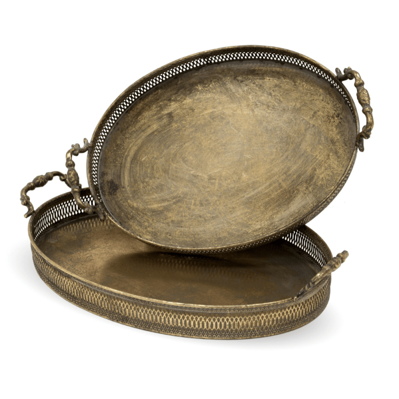 Antique Gold Oval Tray with Handles 2-set