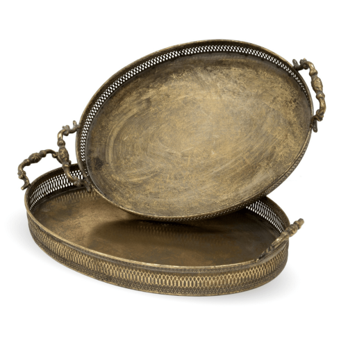 Antique Gold Oval Tray with Handles 2-set