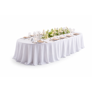 Elliptical table with white tablecloth